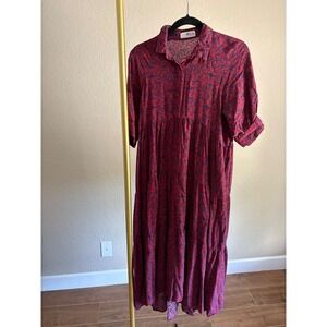 Natural Life Midi Dress Red Blue Floral Tiered M Boho Cottagecore Dainty Fall